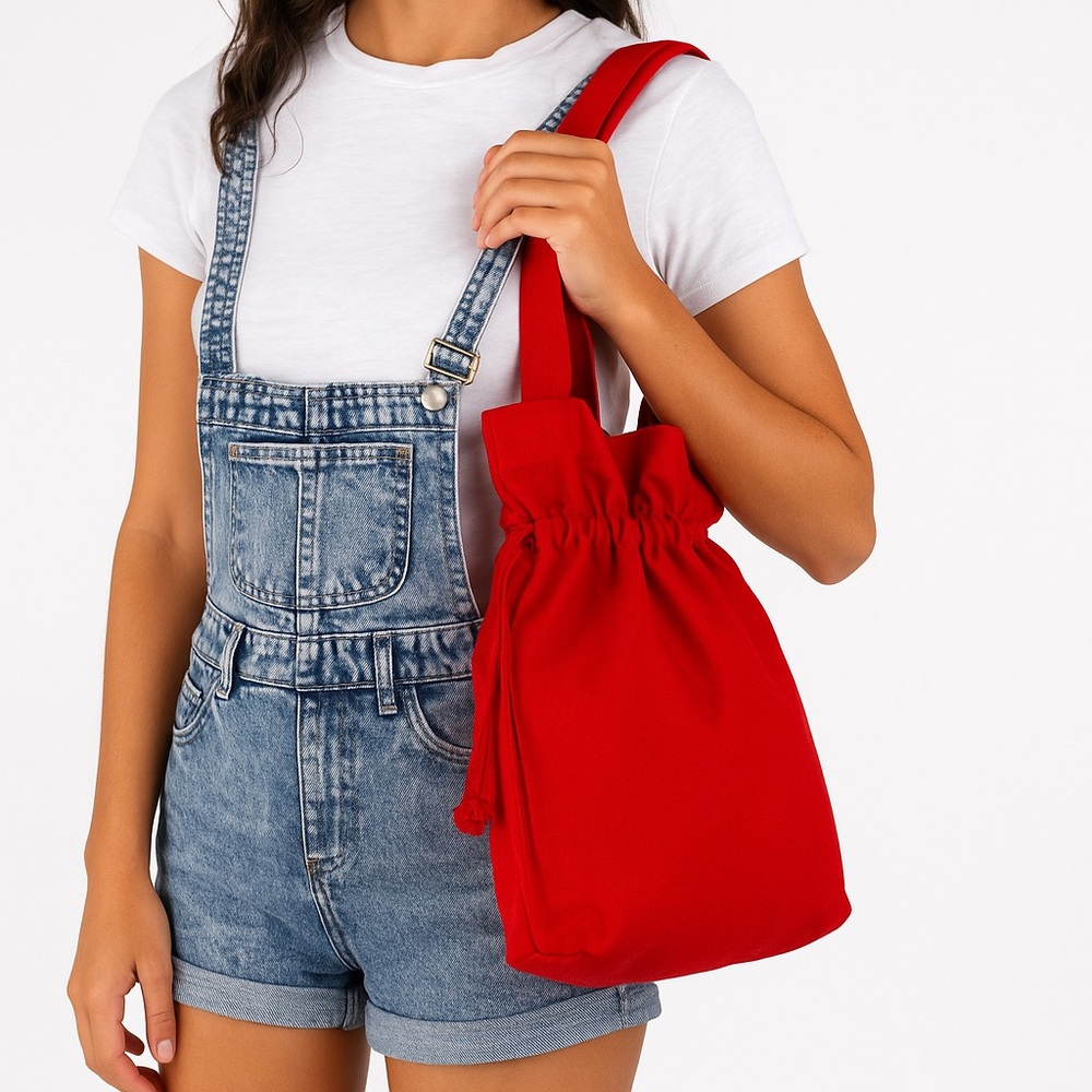 Red Canvas Drawstring Tote Bag With Ruffled Top C… - image 2